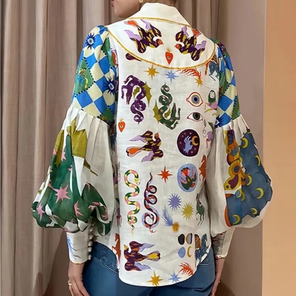 Whimsical Zodiac Print Cream Button-Up Blouse - Picture 3 of 7